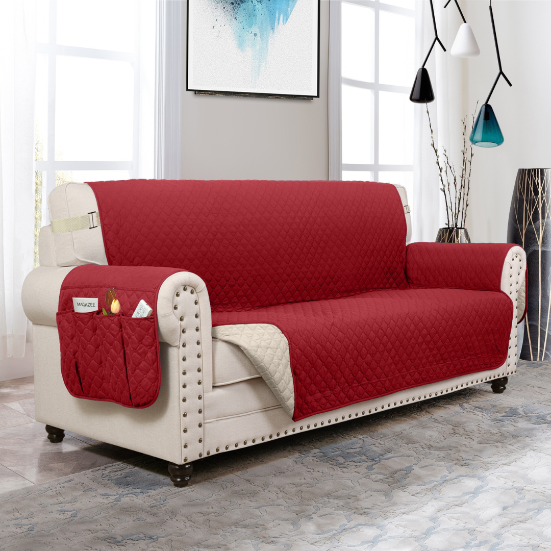NEW Upgraded CouchTops™ Couch Cover with Side Pockets, Back Straps, Anti-Slip Fit, Reversible 2-in-1 Colors, Soft Padded Lining, Machine-Washable & Dryer-Safe Furniture Protector