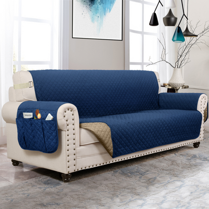 NEW Upgraded CouchTops™ Couch Cover with Side Pockets, Back Straps, Anti-Slip Fit, Reversible 2-in-1 Colors, Soft Padded Lining, Machine-Washable & Dryer-Safe Furniture Protector