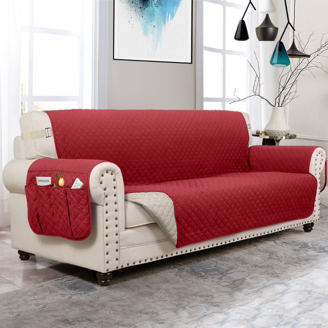 NEW Upgraded CouchTops™ Couch Cover with Side Pockets, Back Straps, Anti-Slip Fit, Reversible 2-in-1 Colors, Soft Padded Lining, Machine-Washable & Dryer-Safe Furniture Protector
