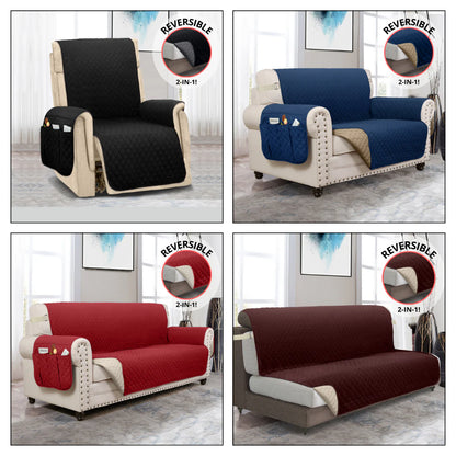 NEW Upgraded CouchTops™ Couch Cover with Side Pockets, Back Straps, Anti-Slip Fit, Reversible 2-in-1 Colors, Soft Padded Lining, Machine-Washable & Dryer-Safe Furniture Protector
