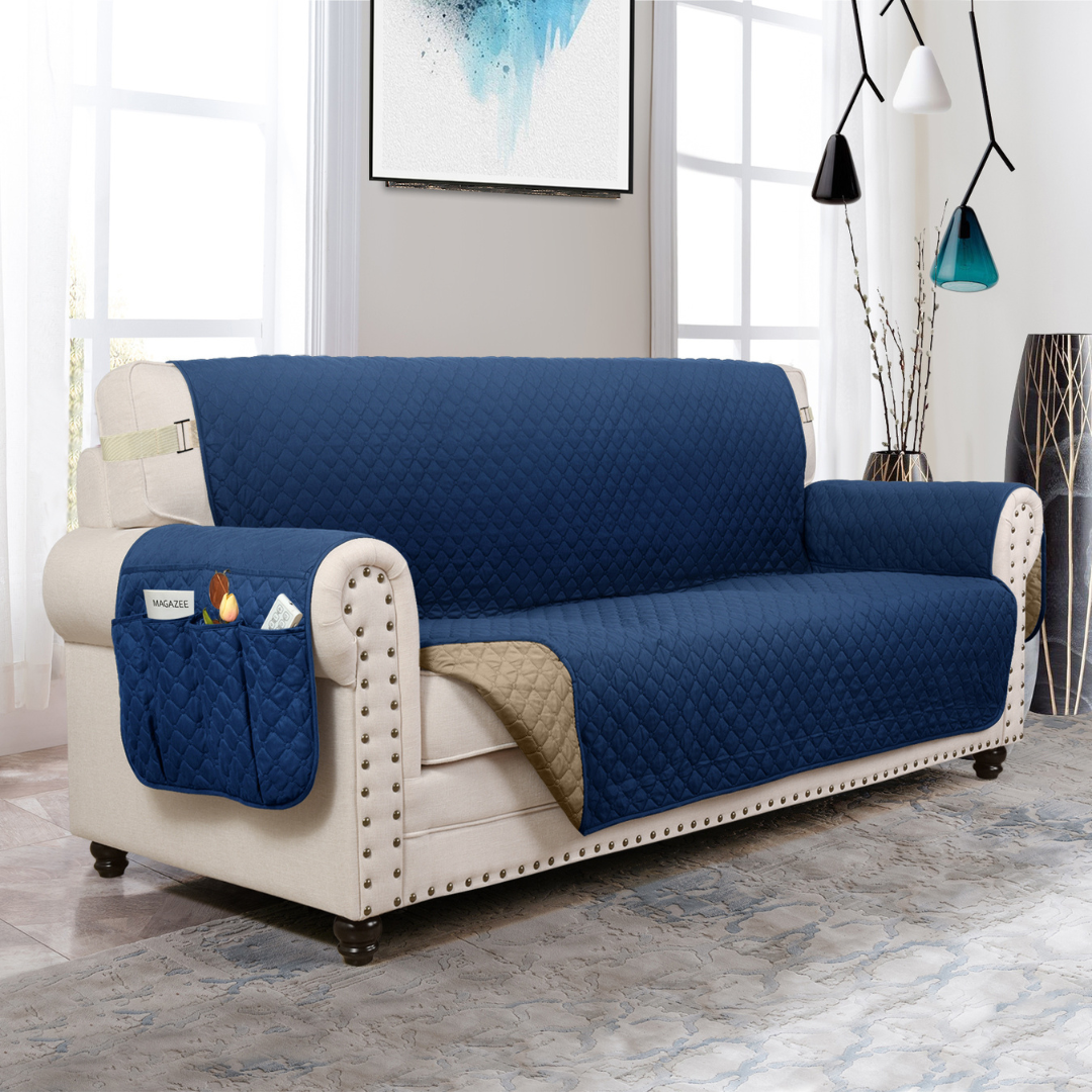 NEW Upgraded CouchTops™ Couch Cover with Side Pockets, Back Straps, Anti-Slip Fit, Reversible 2-in-1 Colors, Soft Padded Lining, Machine-Washable & Dryer-Safe Furniture Protector