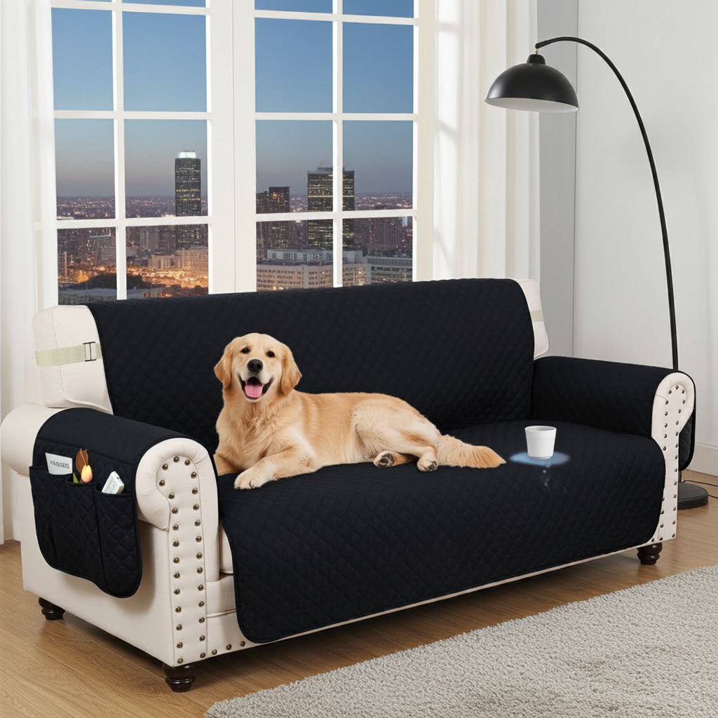 NEW Upgraded CouchTops™ Couch Cover with Side Pockets, Back Straps, Anti-Slip Fit, Reversible 2-in-1 Colors, Soft Padded Lining, Machine-Washable & Dryer-Safe Furniture Protector