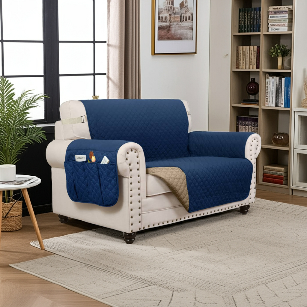 NEW Upgraded CouchTops™ Couch Cover with Side Pockets, Back Straps, Anti-Slip Fit, Reversible 2-in-1 Colors, Soft Padded Lining, Machine-Washable & Dryer-Safe Furniture Protector