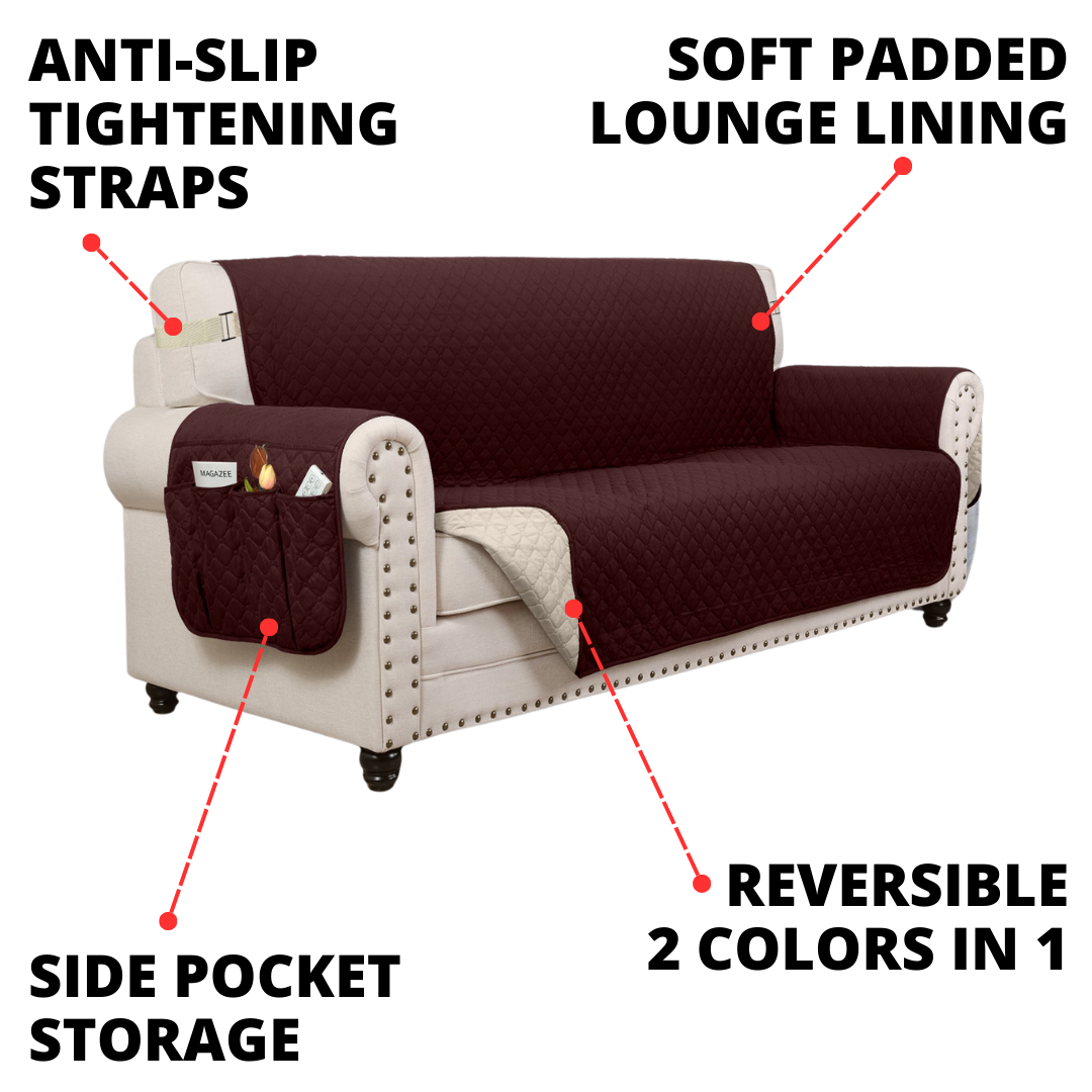 NEW Upgraded CouchTops™ Couch Cover with Side Pockets, Back Straps, Anti-Slip Fit, Reversible 2-in-1 Colors, Soft Padded Lining, Machine-Washable & Dryer-Safe Furniture Protector
